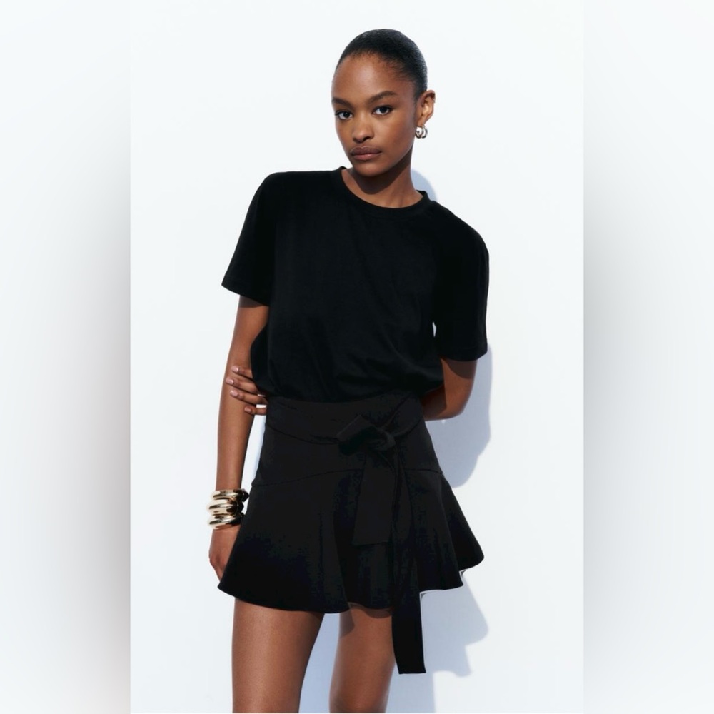 Zara Tied Belt Mini Skirt Skort Black Size S NWOT